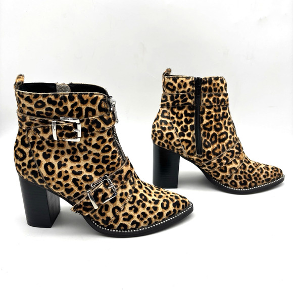 Steve Madden HALLE-L Leopard Print Cow Hair Buckle Straps Block Heel Boots 7M - Picture 1 of 16